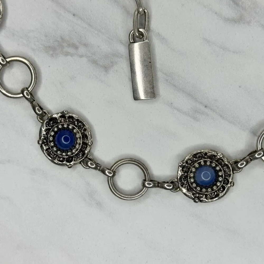 Vintage Blue Cabochon Silver Chain Belt M/L ✨